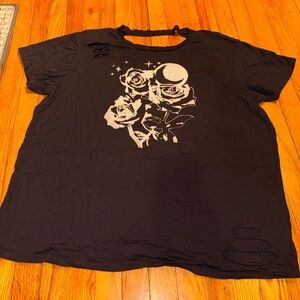🌙 Distressed Moon & Roses Graphic Tee – Black Cutout Choker Neck Top